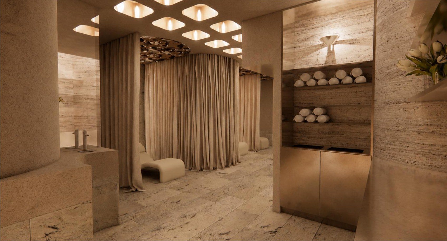 The recovery lounge, curtained pods and bronze basins