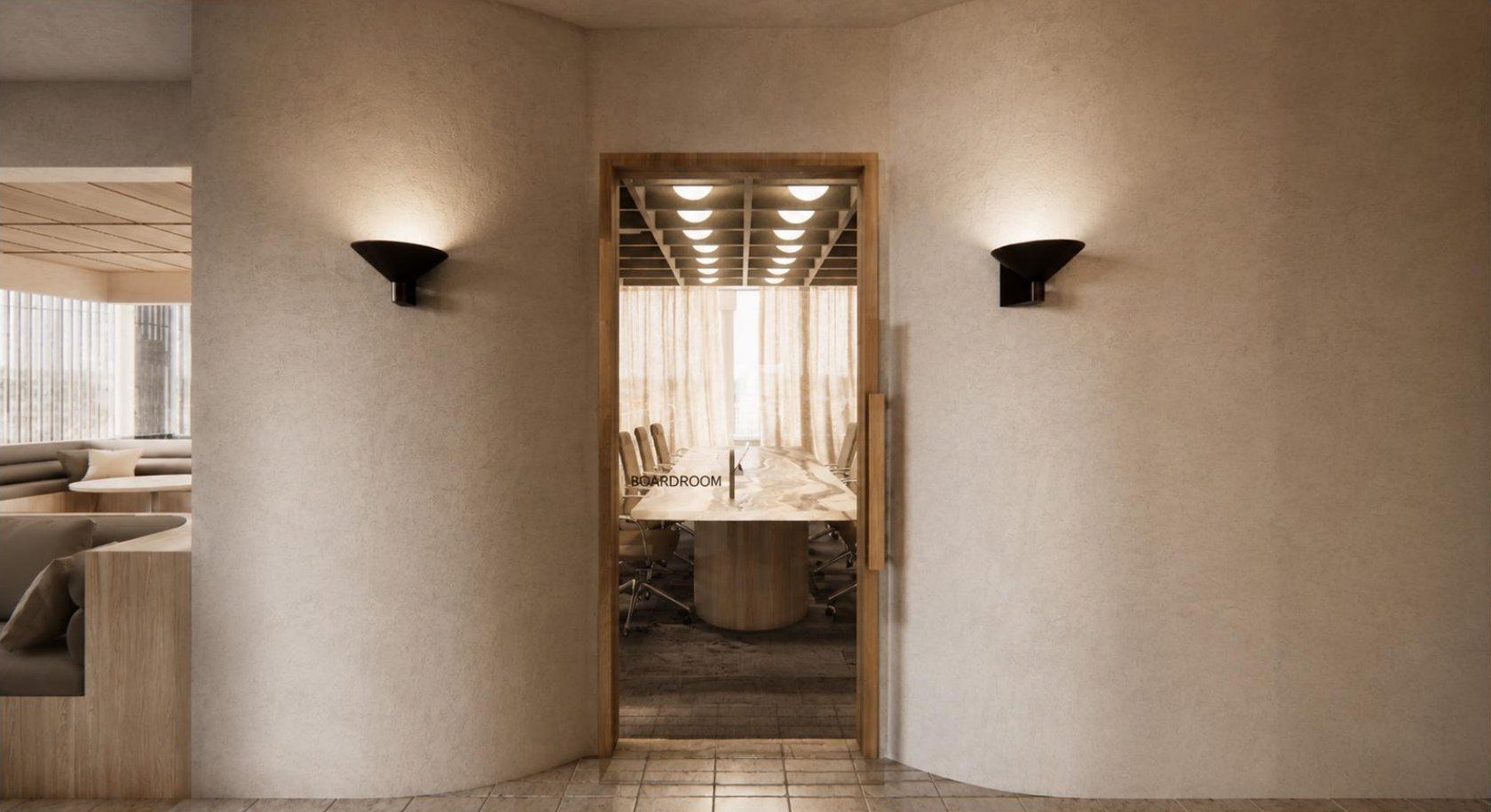The approach to the boardroom, curved plaster walls