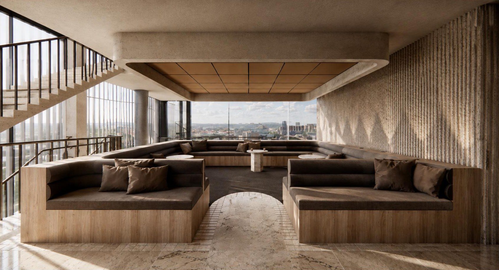 The stair landing lounge, full height glazing over South Brisbane