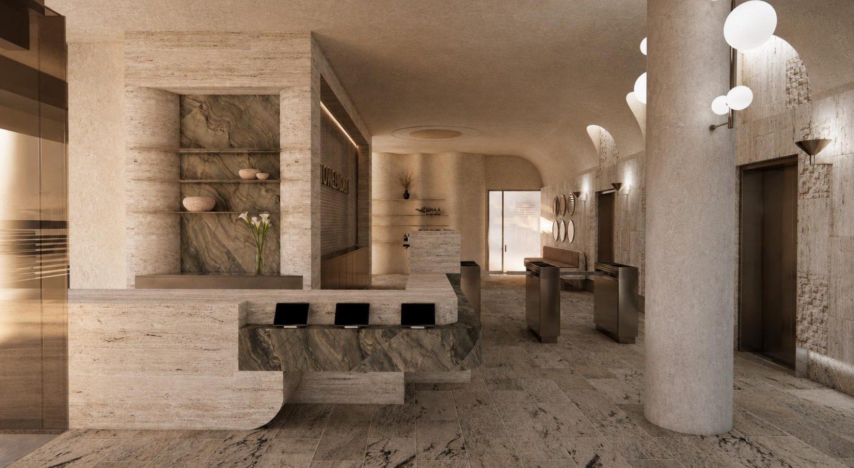 Reception, stone floor slabs and arched ceiling coves